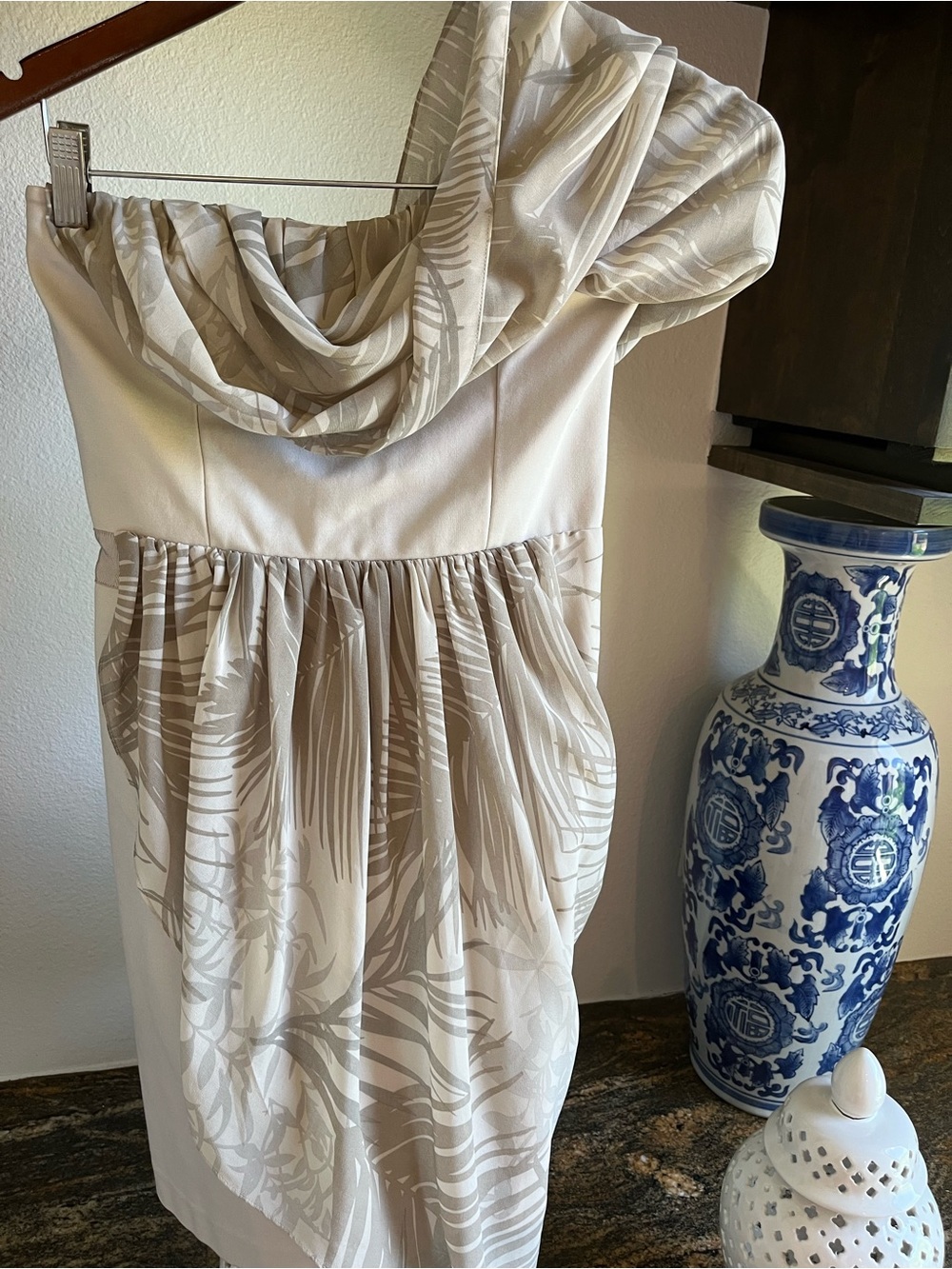 Armani Exchange One-Shoulder Cream and Taupe Printed Dress, 4
